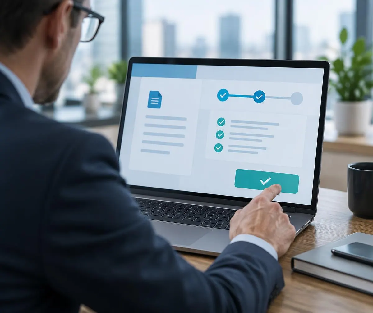 A manager reviewing and approving a proposed action on a laptop