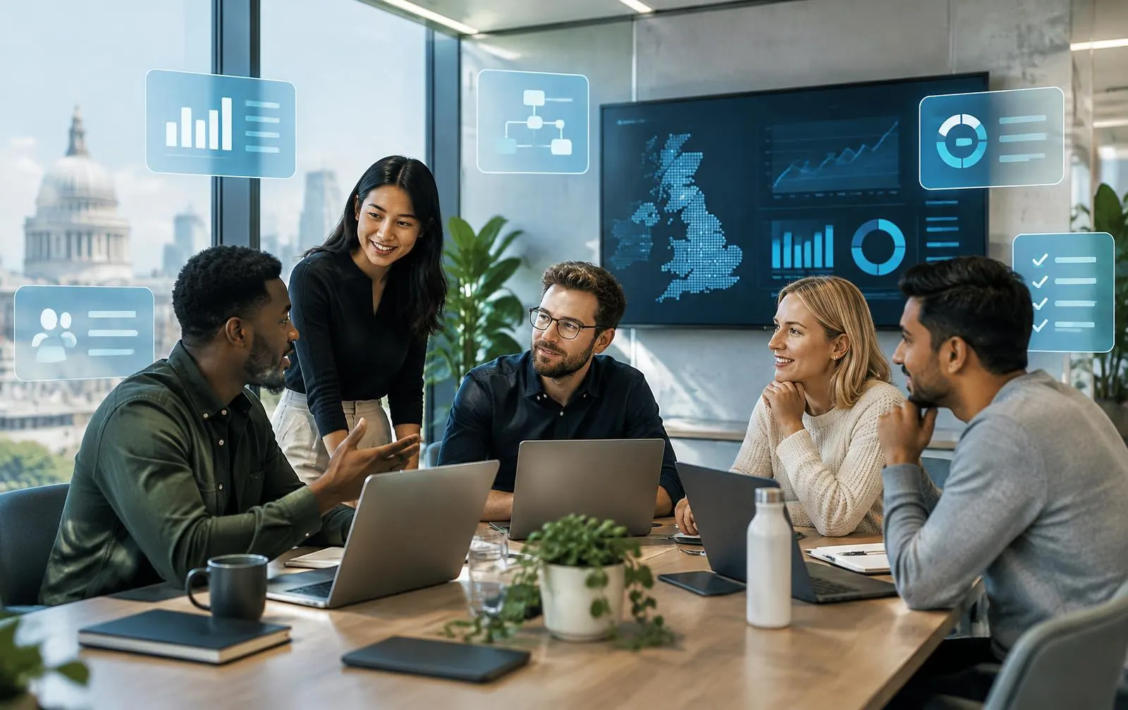 A business team collaborating around a table, supported by digital workflow cards
