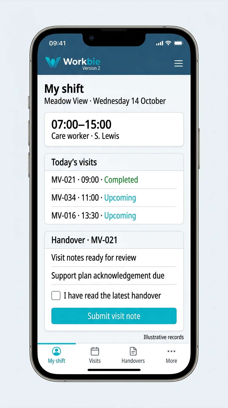 Illustrative Workbie mobile care worker view showing a shift, fictional visit references, a handover acknowledgement and visit-note submission