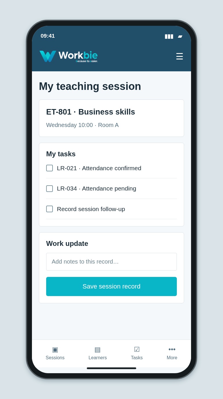 Illustrative Workbie mobile my teaching session screen showing ET-801 · Business skills and fictional operational tasks