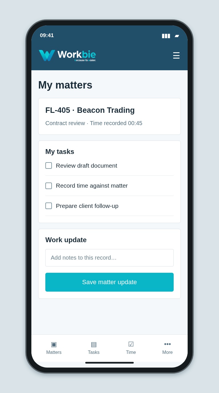 Illustrative Workbie mobile my matters screen showing FL-405 · Beacon Trading and fictional operational tasks