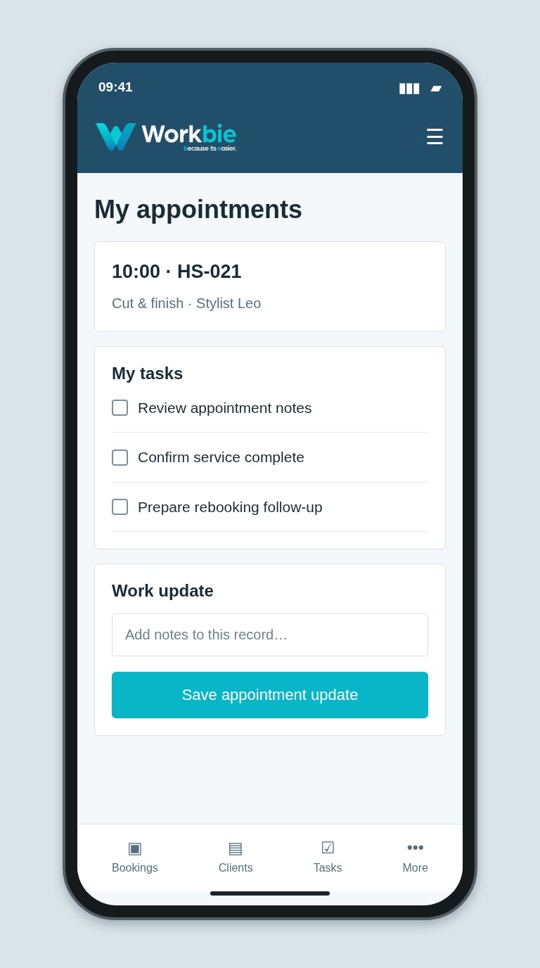 Illustrative Workbie mobile my appointments screen showing 10:00 · HS-021 and fictional operational tasks