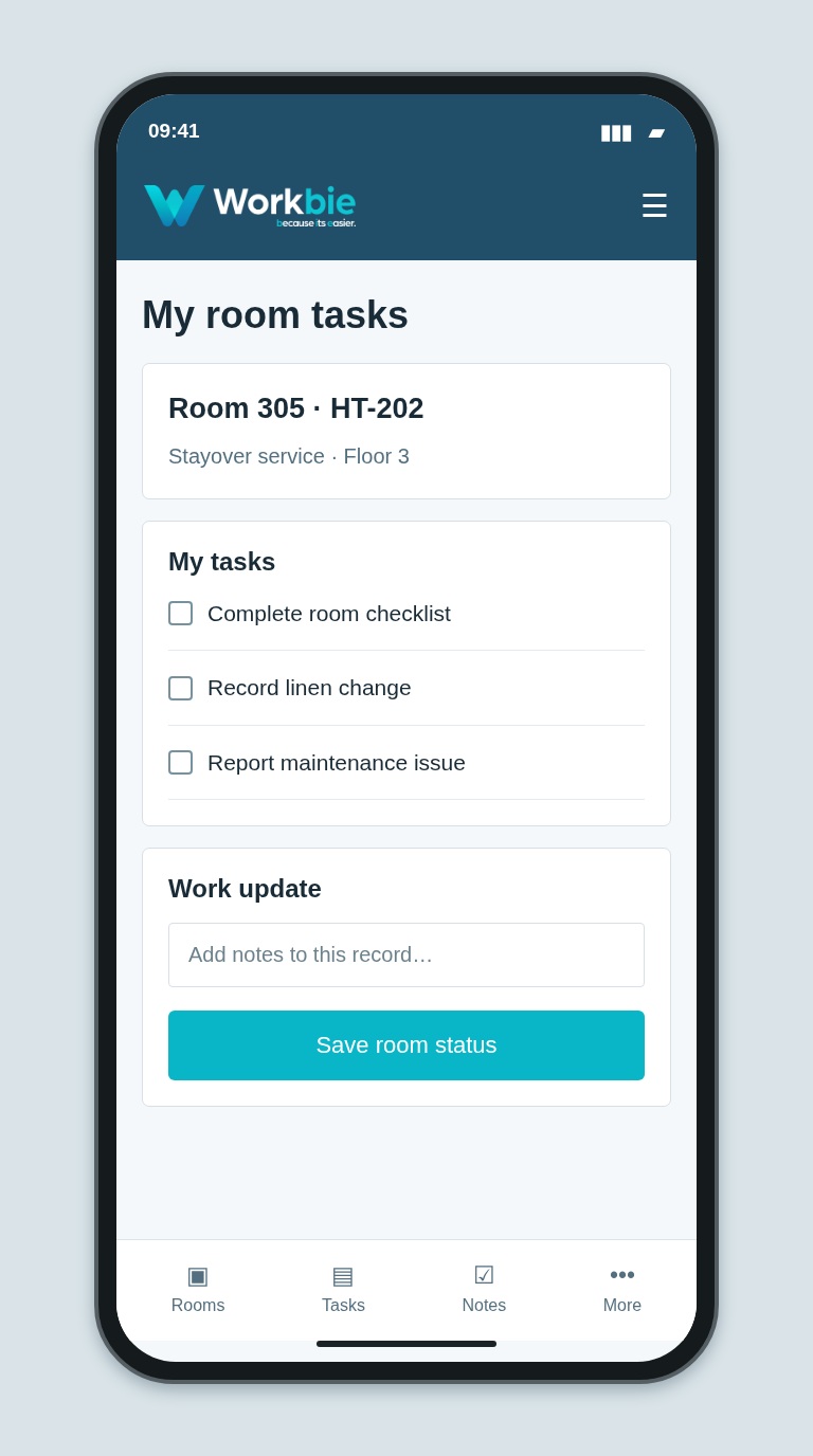Illustrative Workbie mobile my room tasks screen showing Room 305 · HT-202 and fictional operational tasks