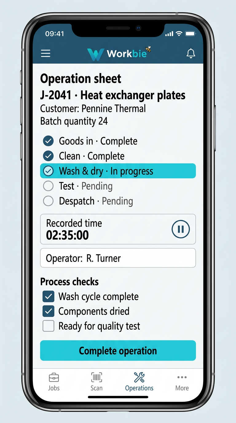 Illustrative Workbie mobile workshop operator view showing job J-2041, operation stages, recorded process time and quality-test checks