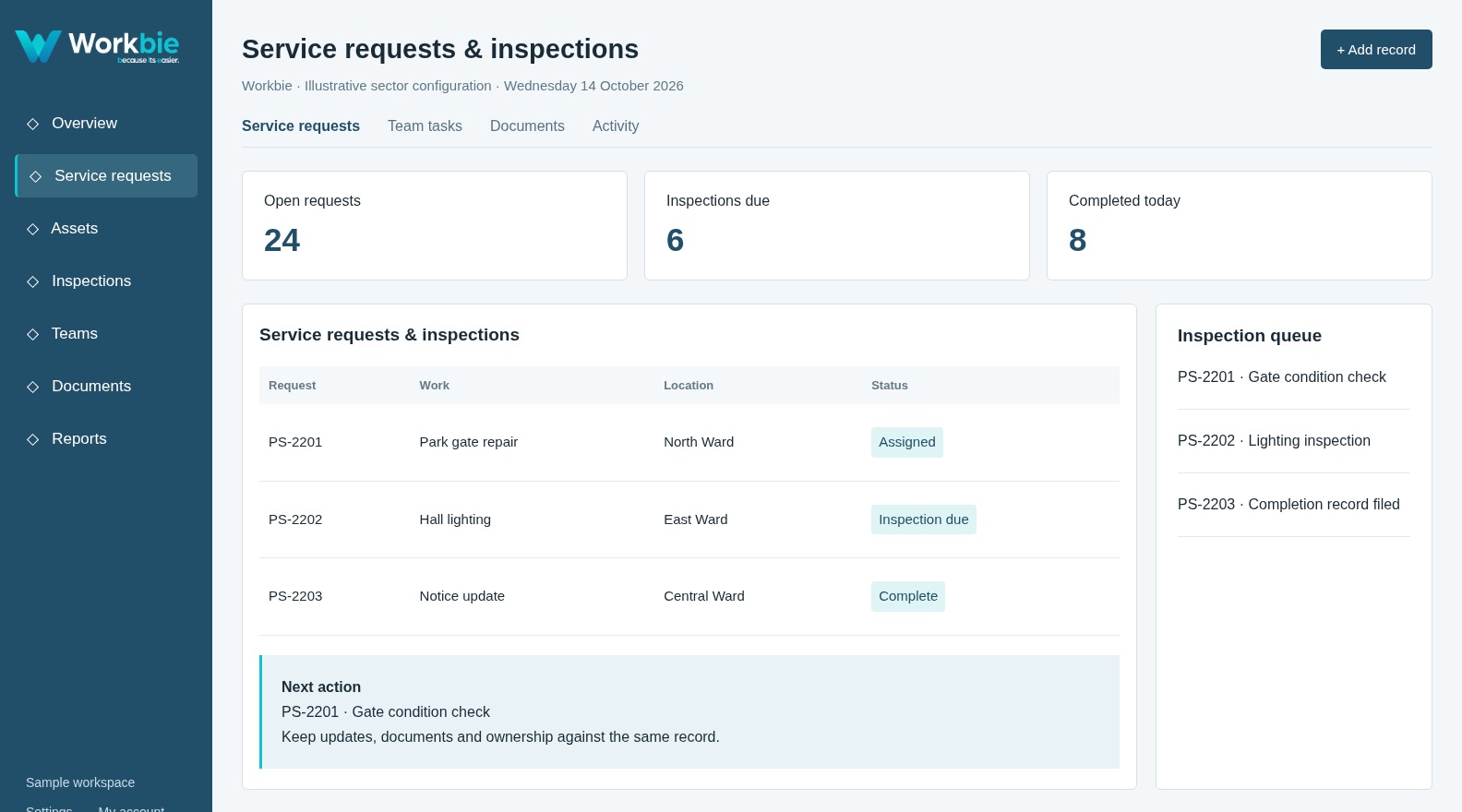 Illustrative Workbie public-sector desktop screen with sector-specific menus, service requests & inspections and fictional records