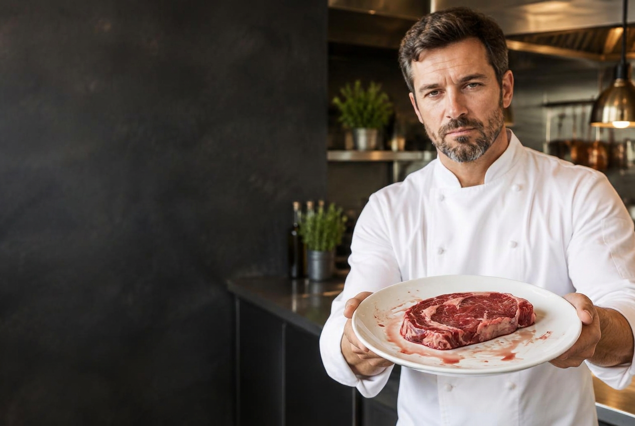 A chef holding out a plate with a completely raw steak, unbothered about what he is serving