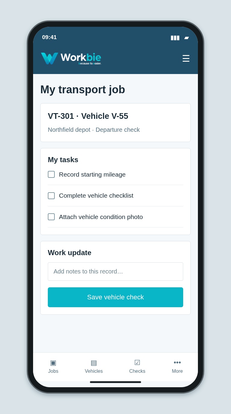 Illustrative Workbie mobile my transport job screen showing VT-301 · Vehicle V-55 and fictional operational tasks