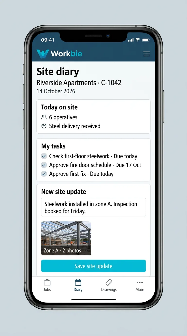 Illustrative Workbie mobile site diary for a site manager, showing Riverside Apartments tasks, a site update and attached steelwork photos