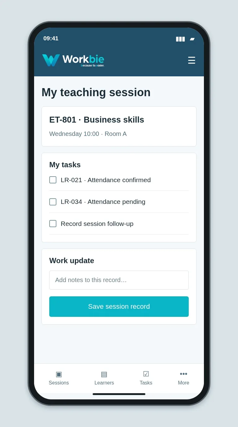 Illustrative Workbie mobile my teaching session screen showing ET-801 · Business skills and fictional operational tasks