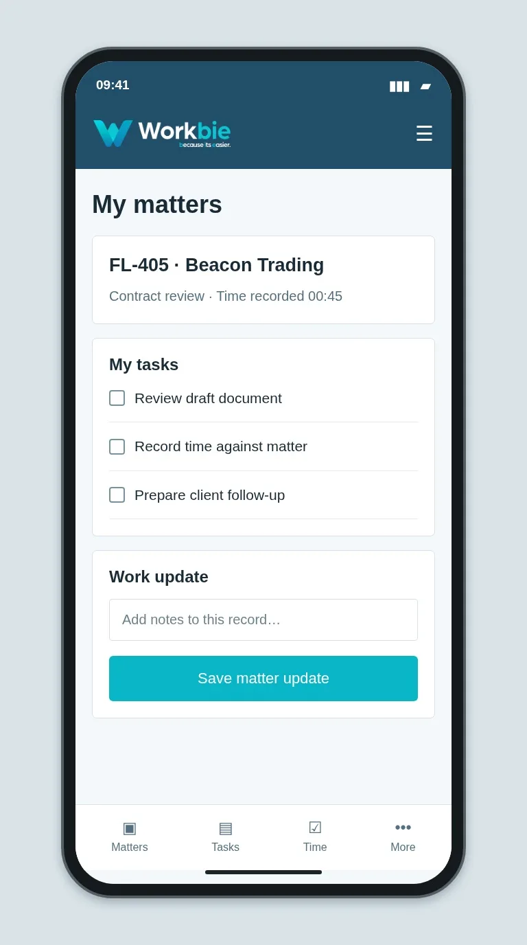 Illustrative Workbie mobile my matters screen showing FL-405 · Beacon Trading and fictional operational tasks