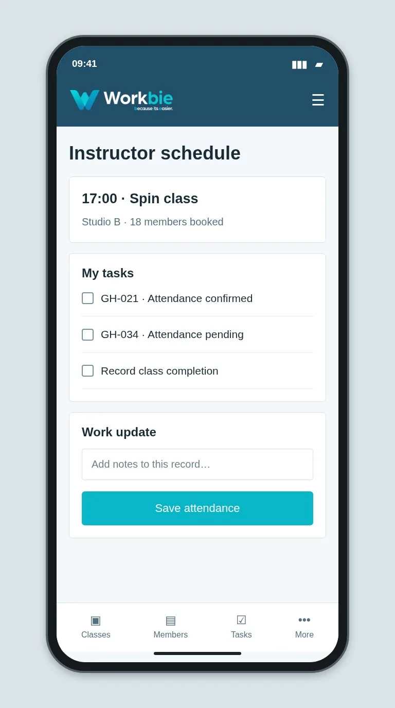Illustrative Workbie mobile instructor schedule screen showing 17:00 · Spin class and fictional operational tasks