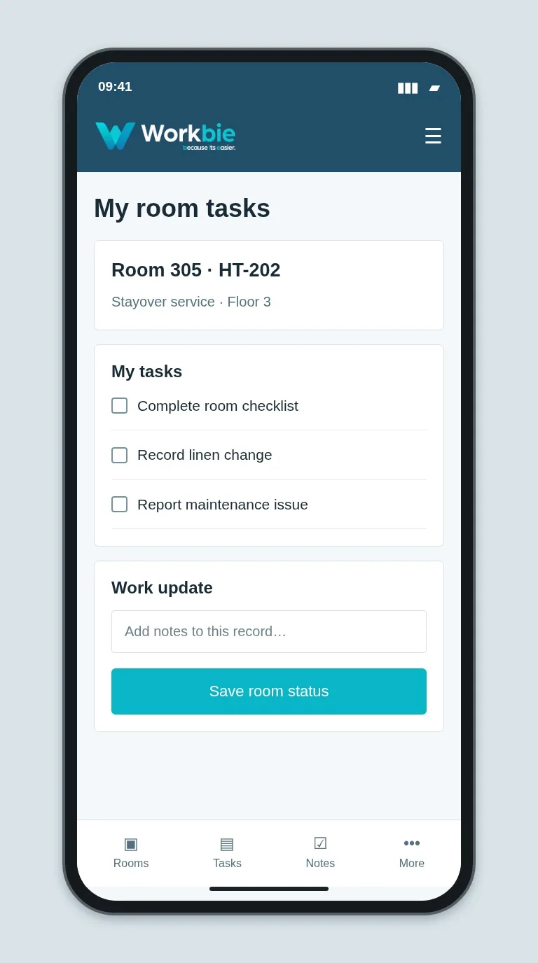 Illustrative Workbie mobile my room tasks screen showing Room 305 · HT-202 and fictional operational tasks