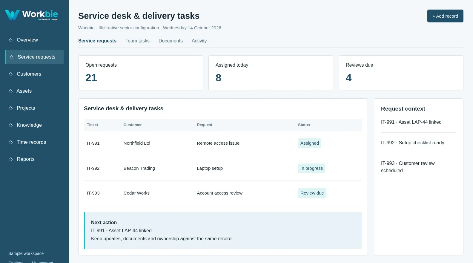 Illustrative Workbie it-technology desktop screen with sector-specific menus, service desk & delivery tasks and fictional records
