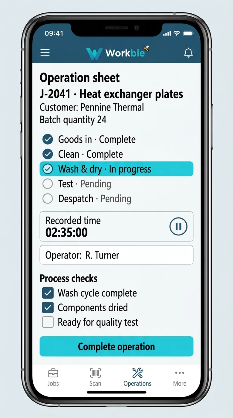 Illustrative Workbie mobile workshop operator view showing job J-2041, operation stages, recorded process time and quality-test checks