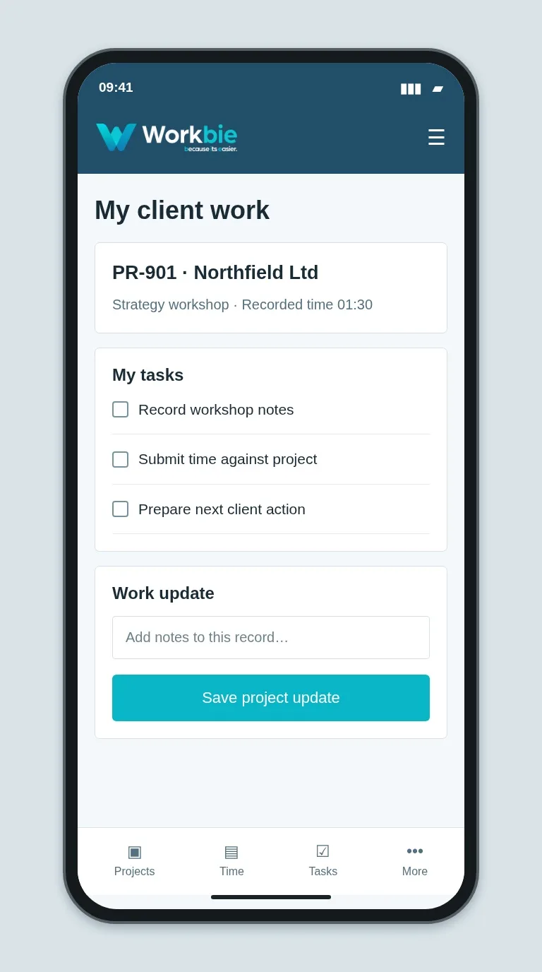 Illustrative Workbie mobile my client work screen showing PR-901 · Northfield Ltd and fictional operational tasks