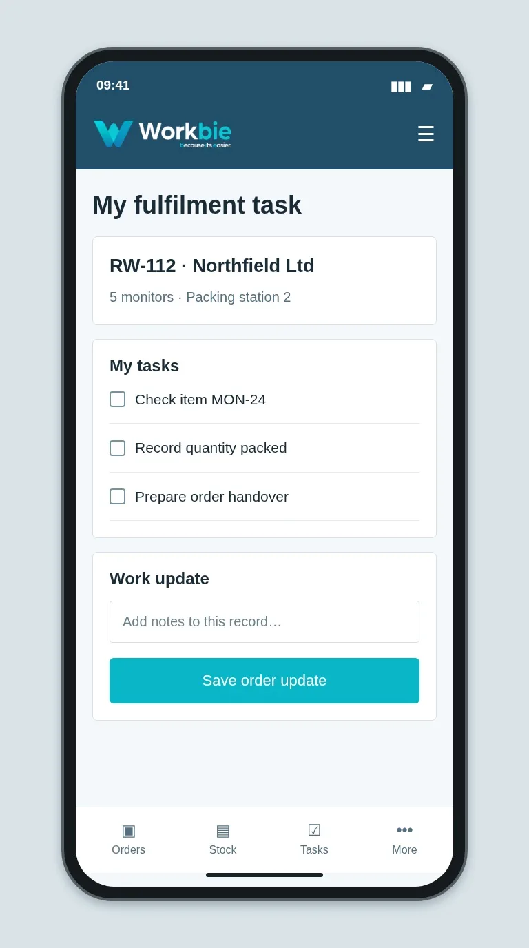 Illustrative Workbie mobile my fulfilment task screen showing RW-112 · Northfield Ltd and fictional operational tasks