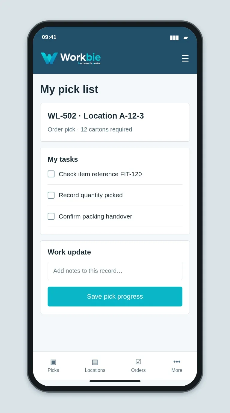 Illustrative Workbie mobile my pick list screen showing WL-502 · Location A-12-3 and fictional operational tasks