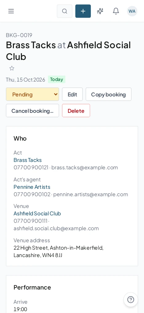 Actual Workbie demo mobile booking detail showing date, status, location and contacts with dummy records