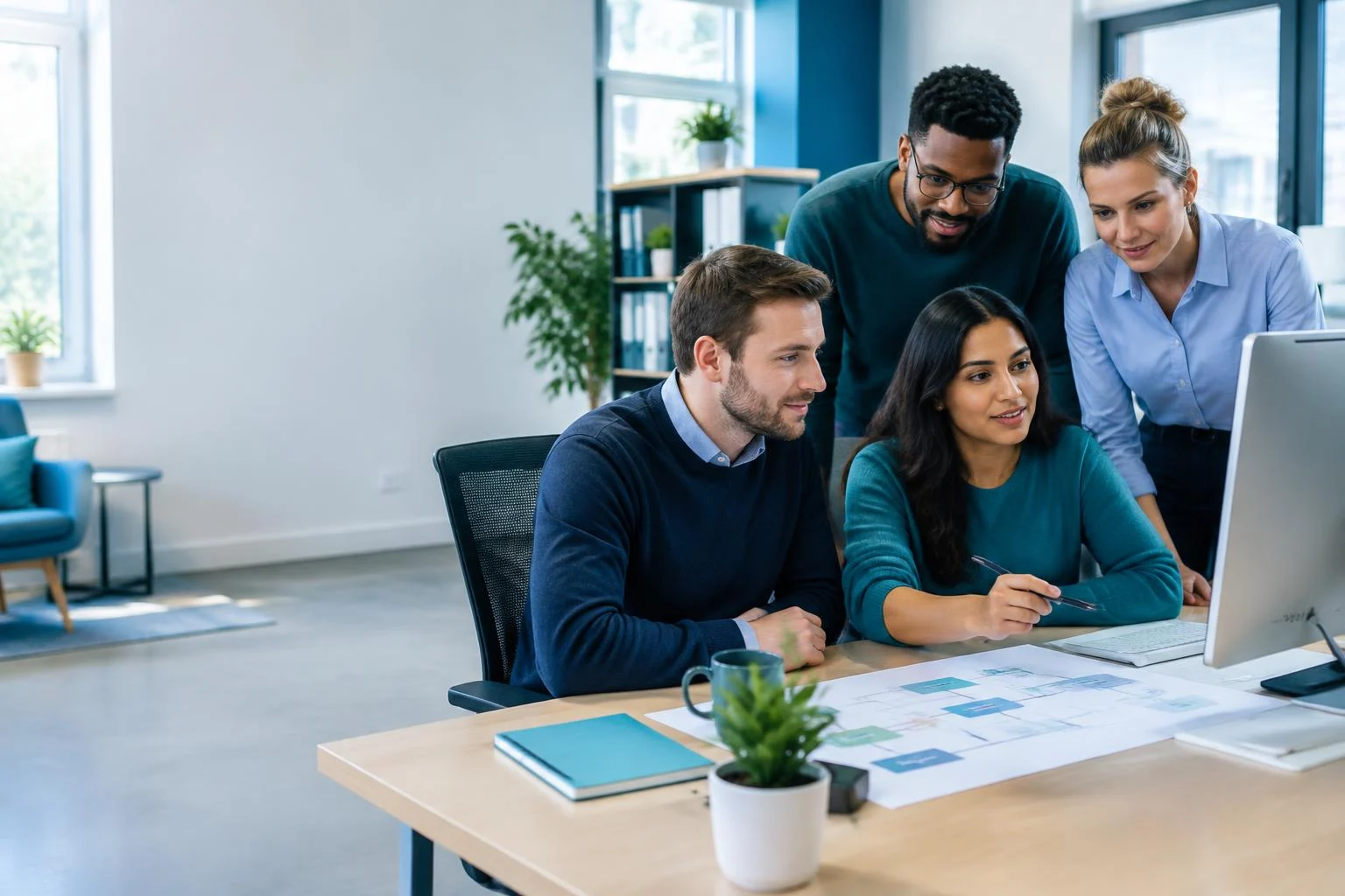 Illustrative business colleagues reviewing a workflow together